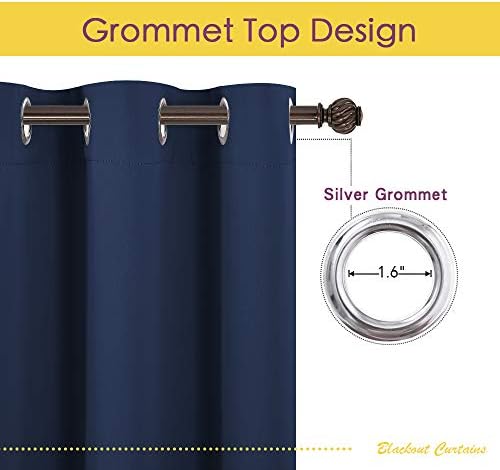 Silver grommet detail on navy blue curtain