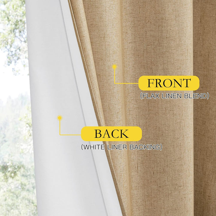 Camel linen-look front fabric and white blackout liner detail