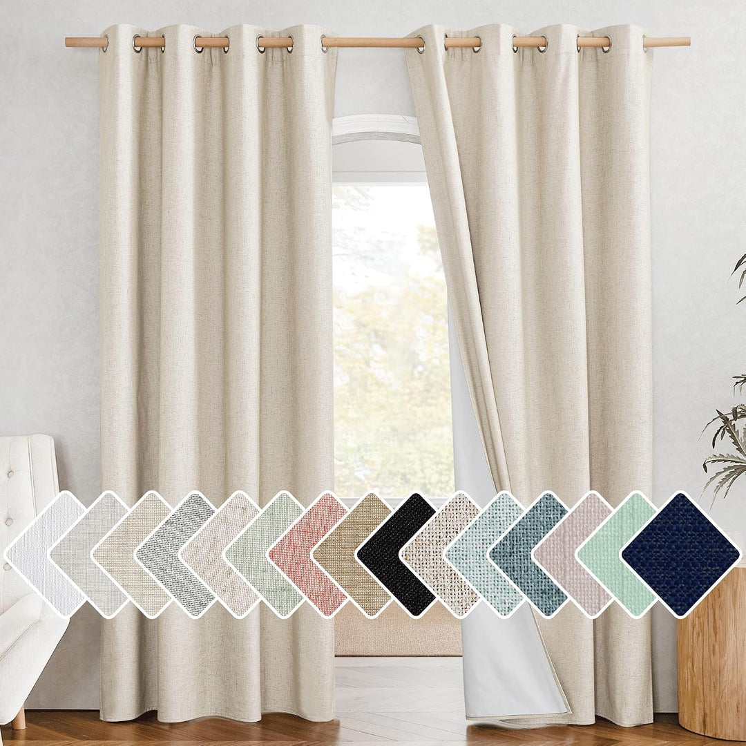 Beige linen-look blackout grommet curtains, two 52 x 84 inch panels