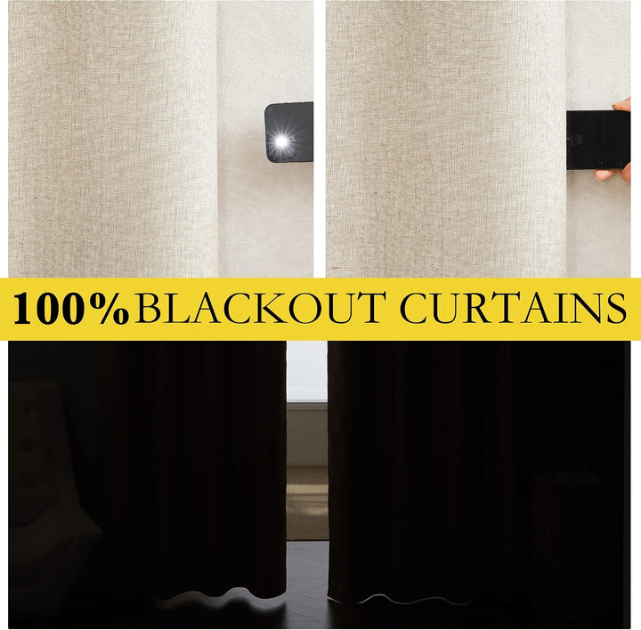Beige curtains with white blackout lining demonstrating light blocking
