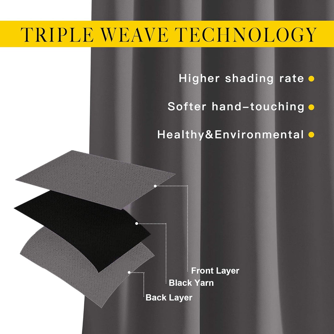 Grey triple-weave blackout curtain construction
