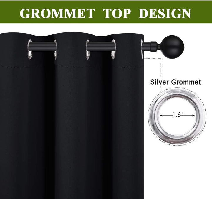 Sixteen silver grommets on black room divider curtain