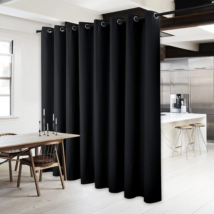 Black 120 x 84 inch room divider curtain in dining area