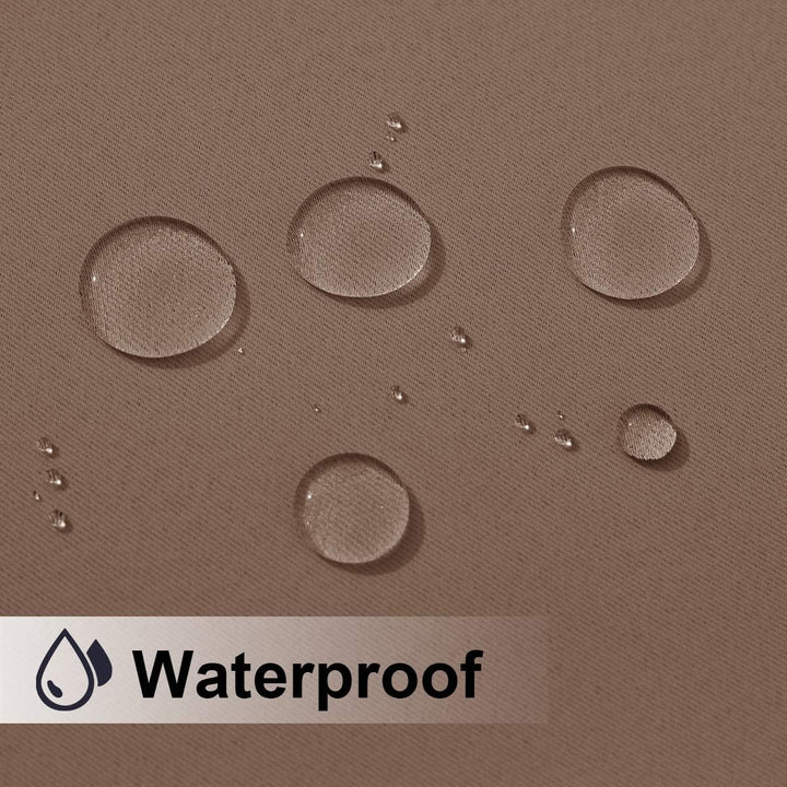 Water droplets beading on cappuccino waterproof curtain fabric