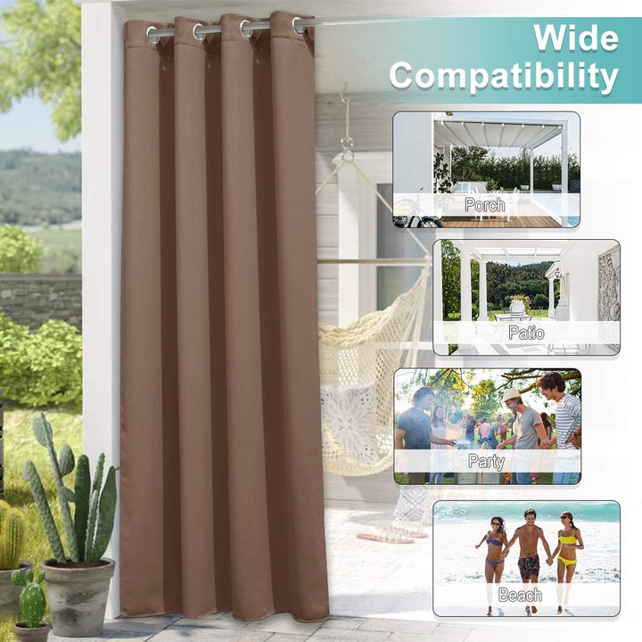 Single cappuccino outdoor curtain panel hanging on patio