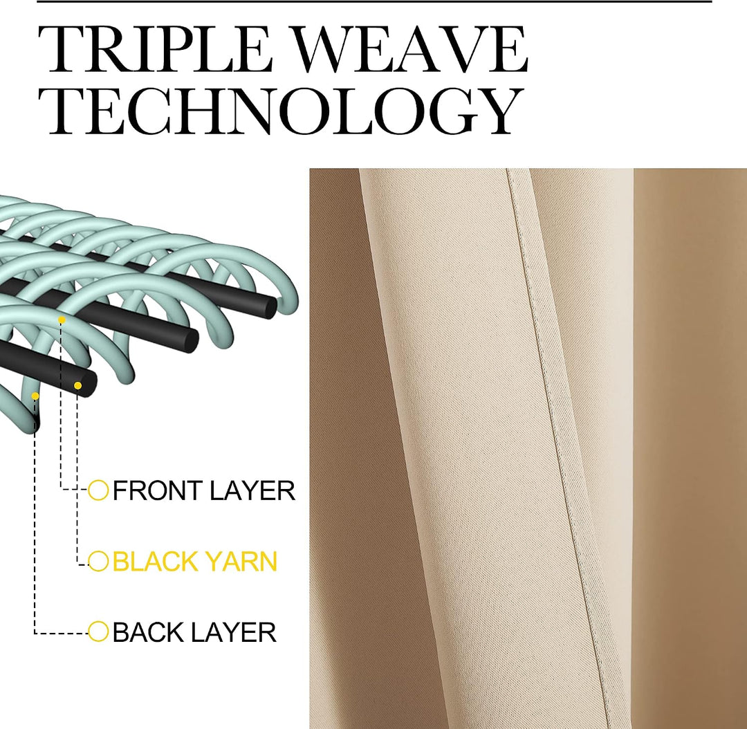 Triple-weave construction of Biscotti Beige blackout curtains