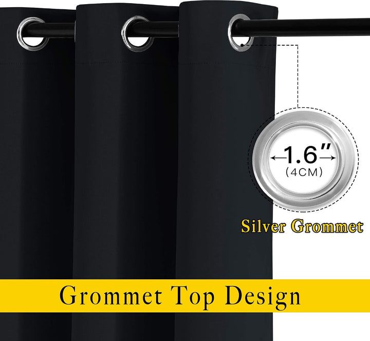 Silver grommet header detail on black curtain