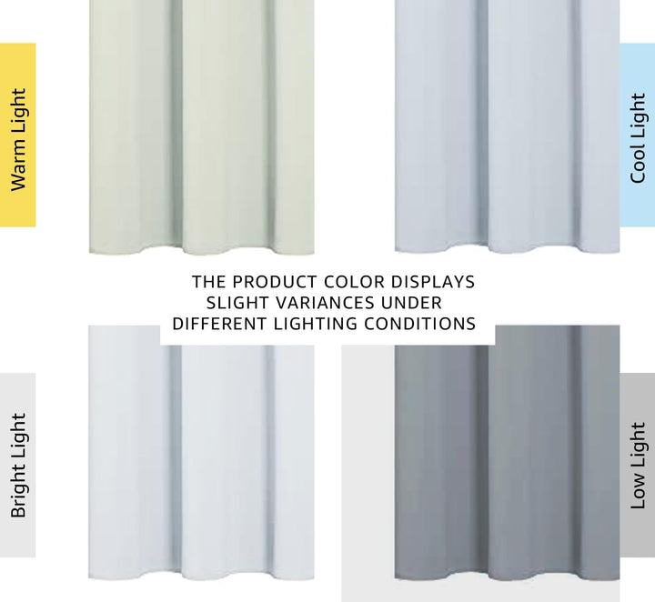 Greyish white curtain fabric shown in varied room lighting