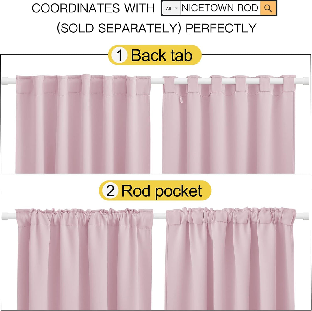 Back-tab and rod-pocket hanging options for baby pink curtains