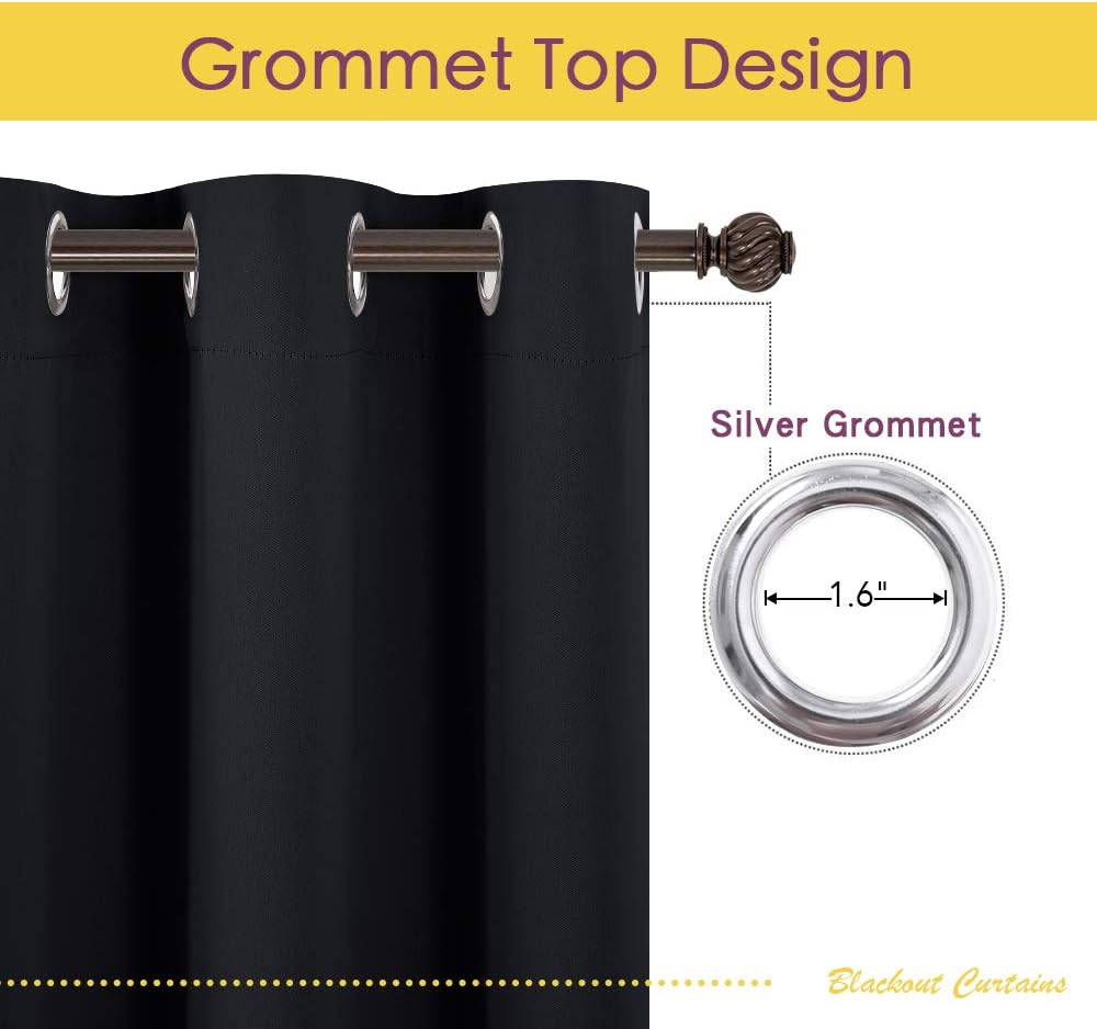 Silver grommet detail on black blackout curtain