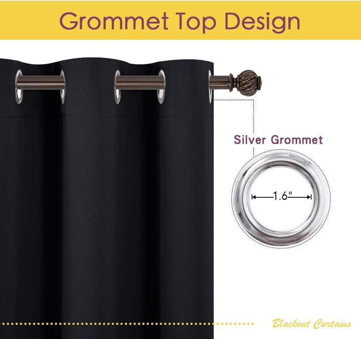 Silver grommet detail on black blackout curtain