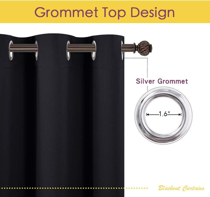 Close-up of silver grommets on black curtains