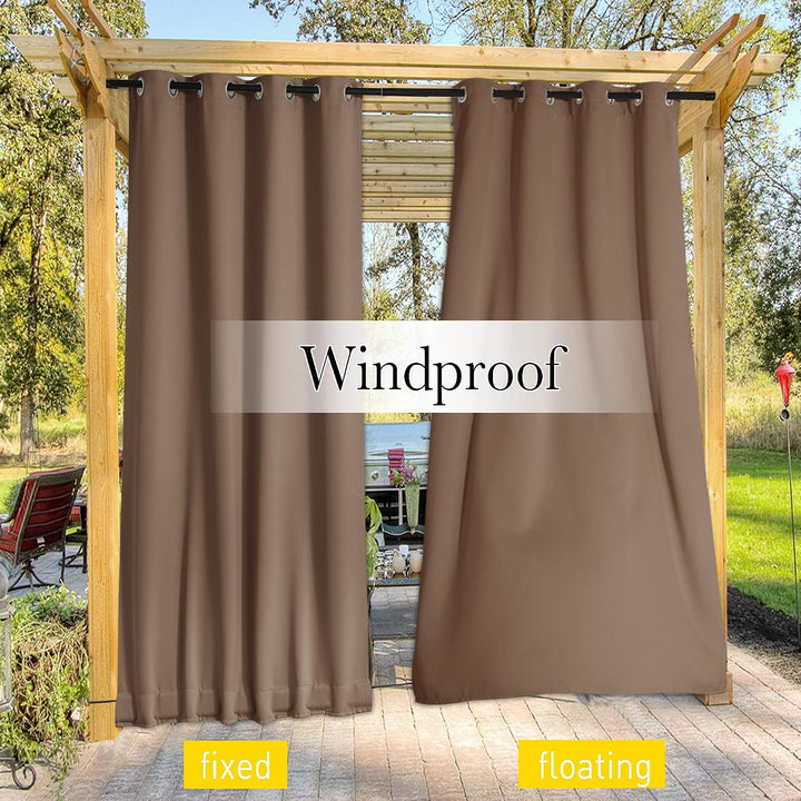 Two cappuccino outdoor curtain panels on a gazebo