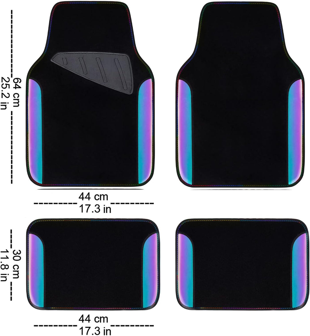 Black car floor mats with iridescent reflective trim