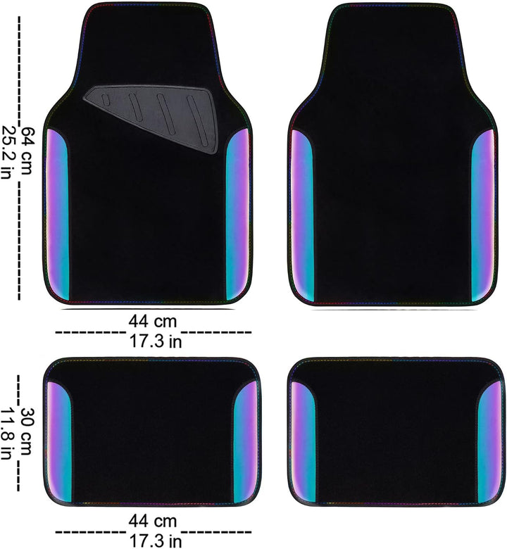 Black car floor mats with iridescent reflective trim
