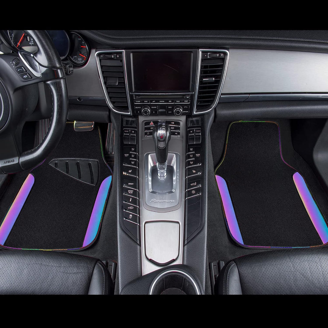 Black car floor mats with iridescent reflective trim