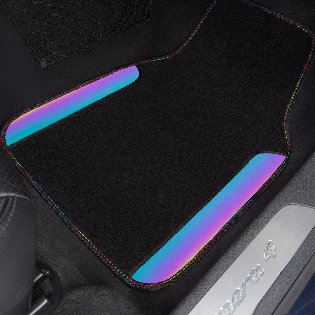 Black car floor mats with iridescent reflective trim