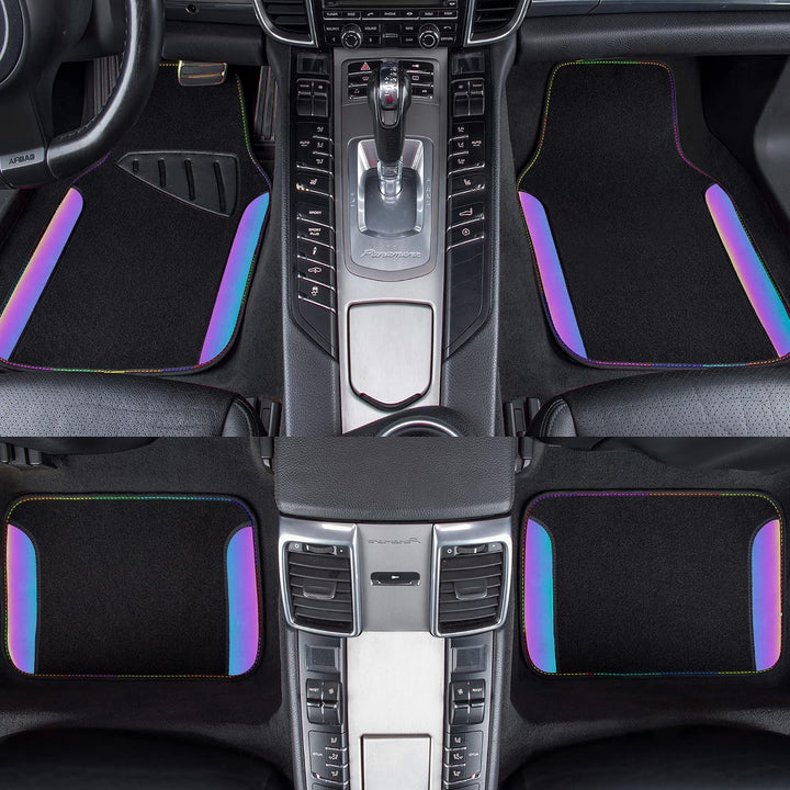 Black car floor mats with iridescent reflective trim