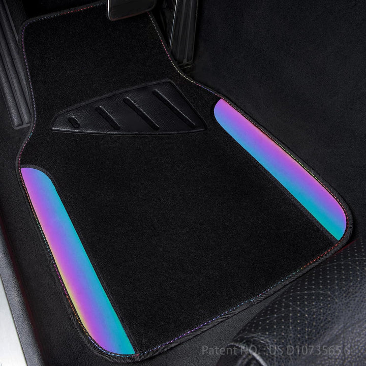 Black car floor mats with iridescent reflective trim