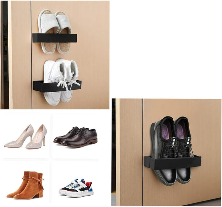 Four black adjustable wall-mounted shoe holders