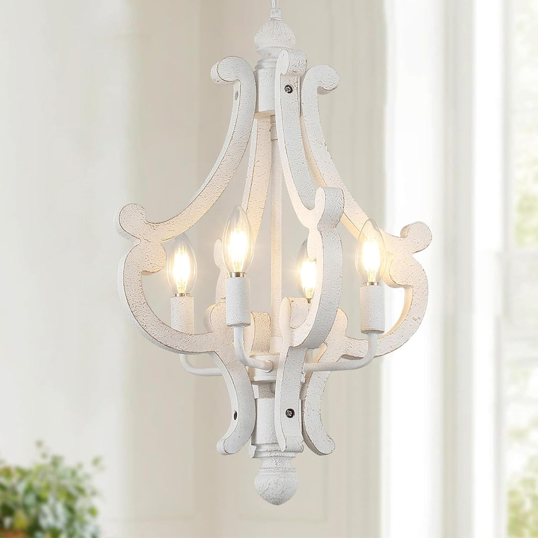 Distressed white four-light wooden farmhouse chandelier