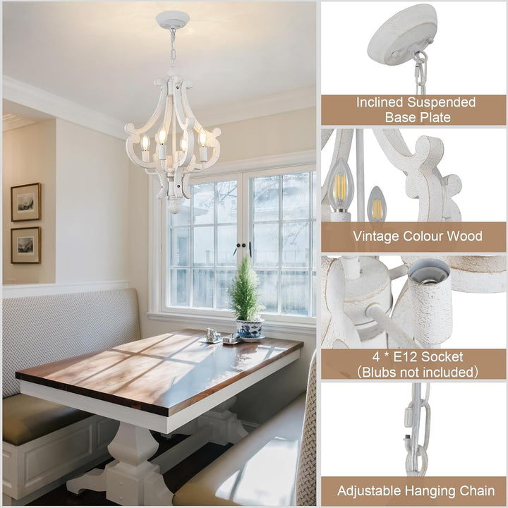 Distressed white four-light wooden farmhouse chandelier