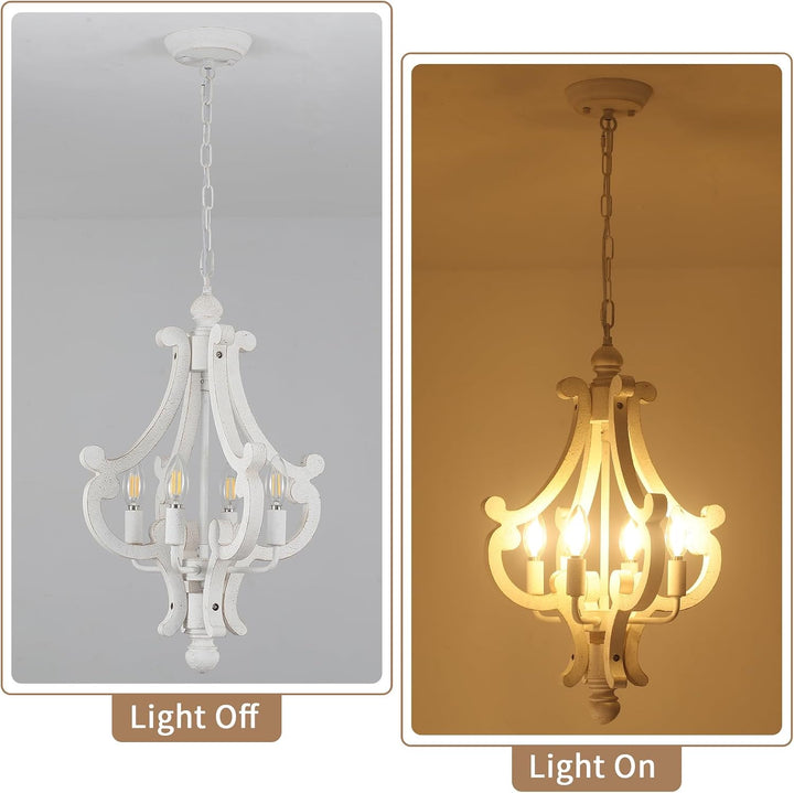 Distressed white four-light wooden farmhouse chandelier