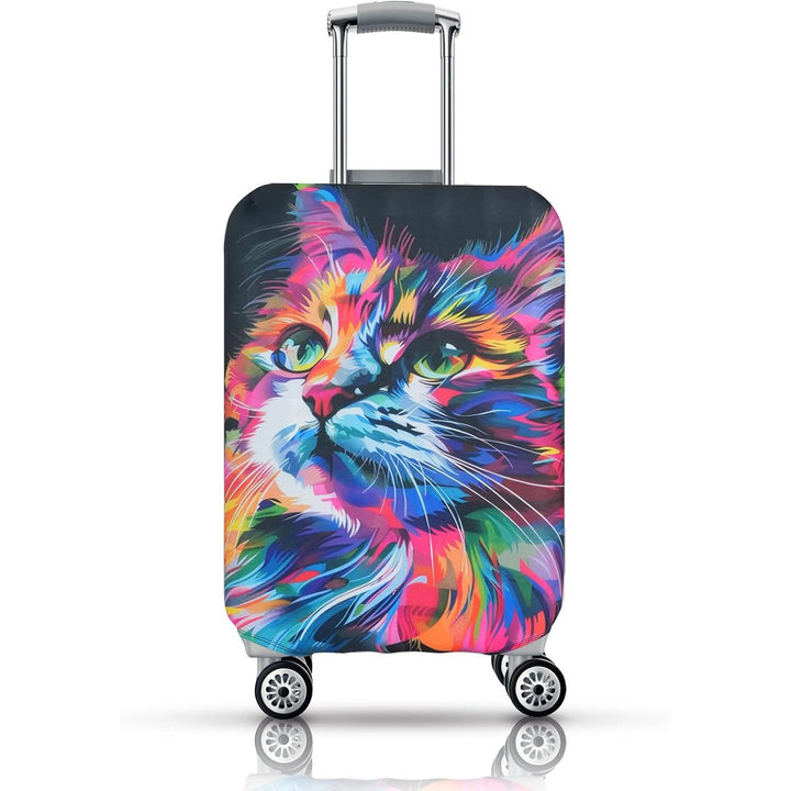 Colourful cat-print luggage cover on a suitcase