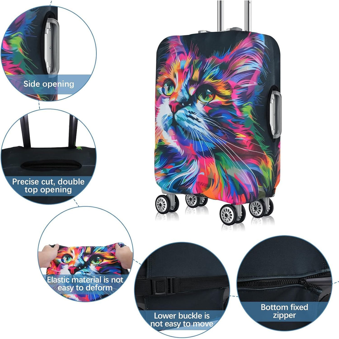 Cat-print luggage cover showing handle openings and closure