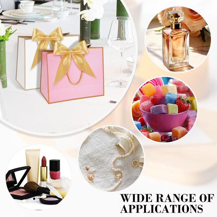 White and pink mini paper gift bags with gold handles and bows