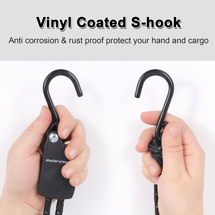 Pair of black reflective 12-foot kayak ratchet tie-down ropes with S-hooks