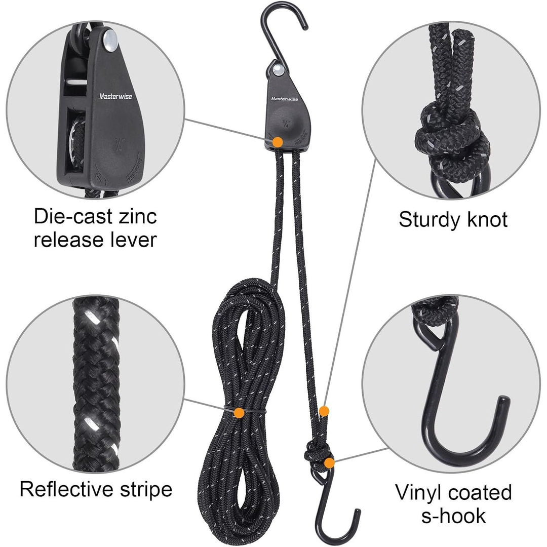 Pair of black reflective 12-foot kayak ratchet tie-down ropes with S-hooks