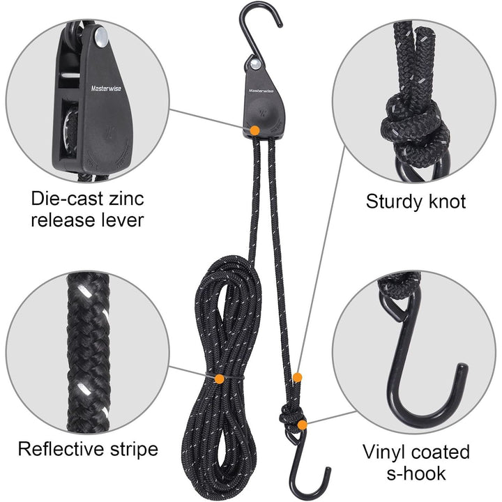 Pair of black reflective 12-foot kayak ratchet tie-down ropes with S-hooks