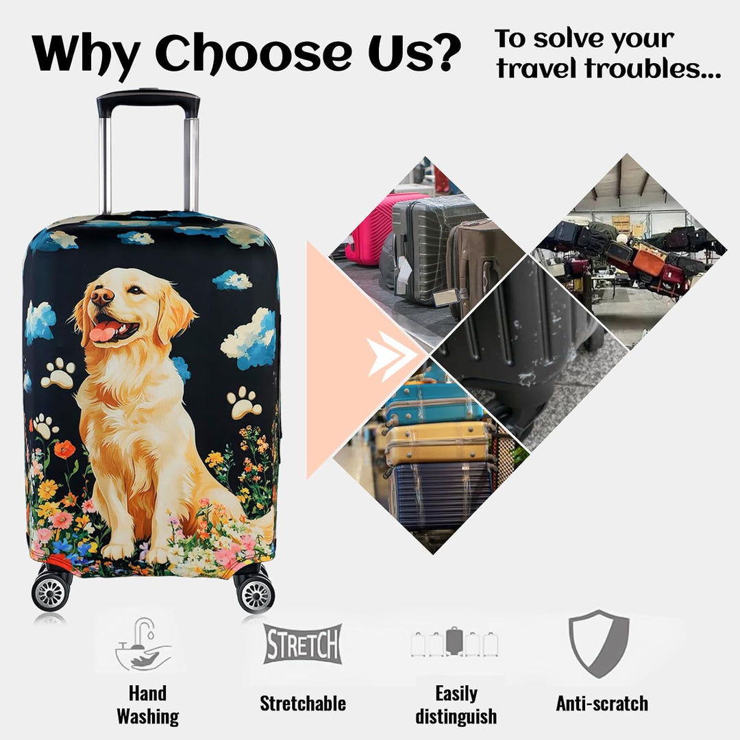Golden retriever print stretch luggage cover for a 26–28-inch suitcase