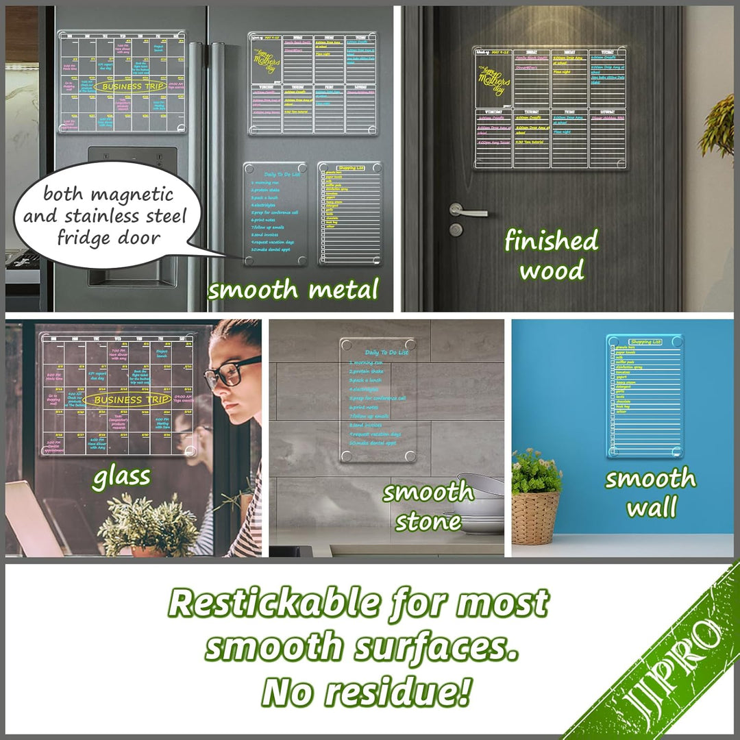 JJPRO Non Magnetic Dry Erase Calendar for Fridge - Reusable Monthly&Weekly Planning Board, List and Blank Board for All Smooth Surfaces. Clear Reusable Board Sticks to Fridge,Wall,Door&Glass - Just Closeouts Canada Inc.
