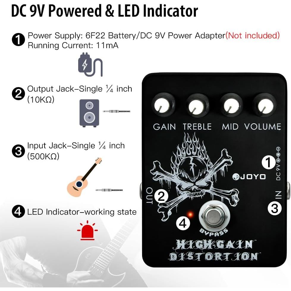 JOYO High Gain Distortion Pedal from AC/DC Crunch to Heavy Metal with Full Range EQ for Electric Guitar Effect - Bypass (JF - 04) - Just Closeouts Canada Inc.