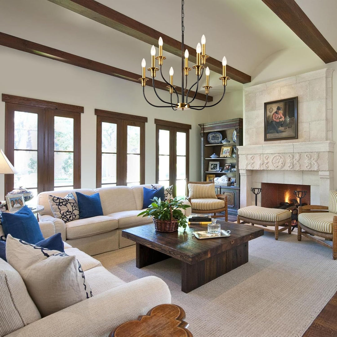 JZQWCK 9 - Light Farmhouse Chandeliers Ceiling Lights 2 - Tier Black and Gold Chandelier Modern Chandelier for Dining Room Light Fixtures Industrial Chandelier for Living Room Foyer Kitchen Island - Just Closeouts Canada Inc.