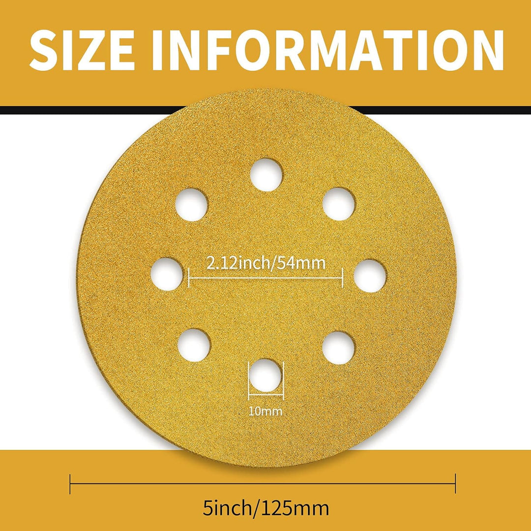 Keeimp 100 Pcs 5 Inch Sanding Discs Hook and Loop, 8 Hole Gold Premium 80 Grit Dustless Random Orbit Sandpaper for Woodworking or Automotive - Just Closeouts Canada Inc.