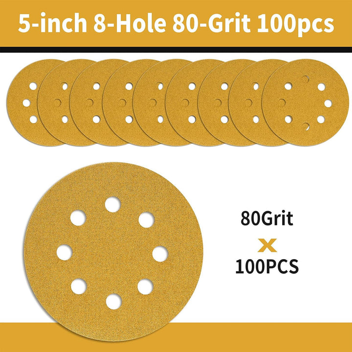 Keeimp 100 Pcs 5 Inch Sanding Discs Hook and Loop, 8 Hole Gold Premium 80 Grit Dustless Random Orbit Sandpaper for Woodworking or Automotive - Just Closeouts Canada Inc.