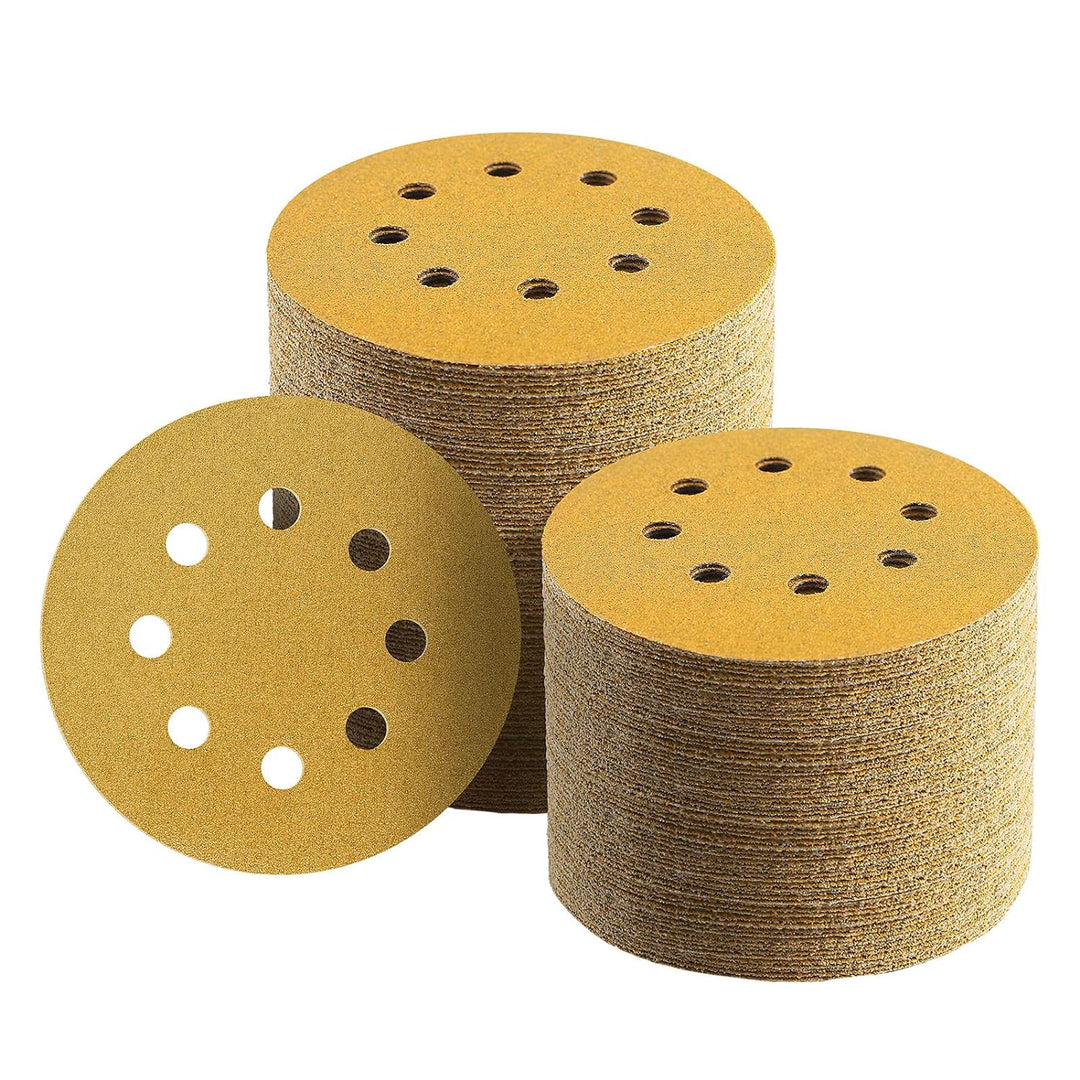 Keeimp 100 Pcs 5 Inch Sanding Discs Hook and Loop, 8 Hole Gold Premium 80 Grit Dustless Random Orbit Sandpaper for Woodworking or Automotive - Just Closeouts Canada Inc.