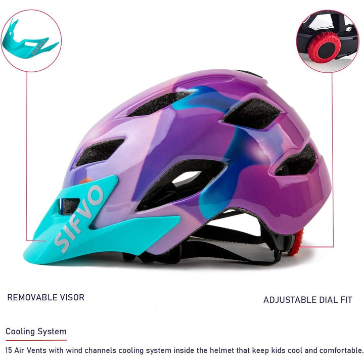Kids Bike Helmet for Boys and Girls 5 - 14, With Removable Visor, Multi - Sport Safe and Comfortable (50 - 57cm), A Purple - Just Closeouts Canada Inc.