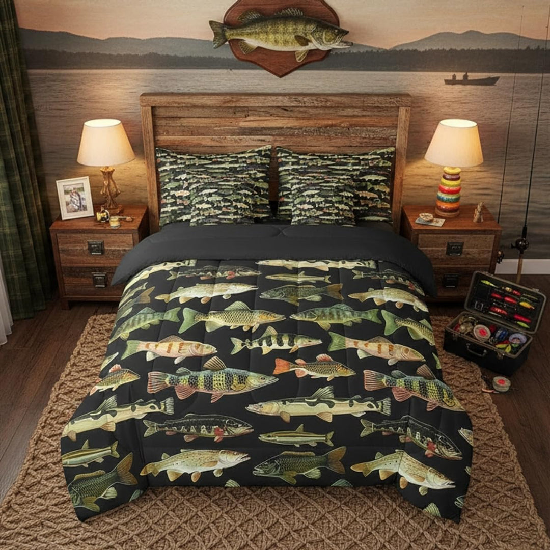 Kids Fishing 7 Pieces Bedding Set Queen Size Vintage Pike Fish Comforter Set for Boys Girls Fishing and Hunting Bed Set Bed in a Bag with Comforter, Sheets, Pillowcases & Cushion Covers - Just Closeouts Canada Inc.X004DU2G0B