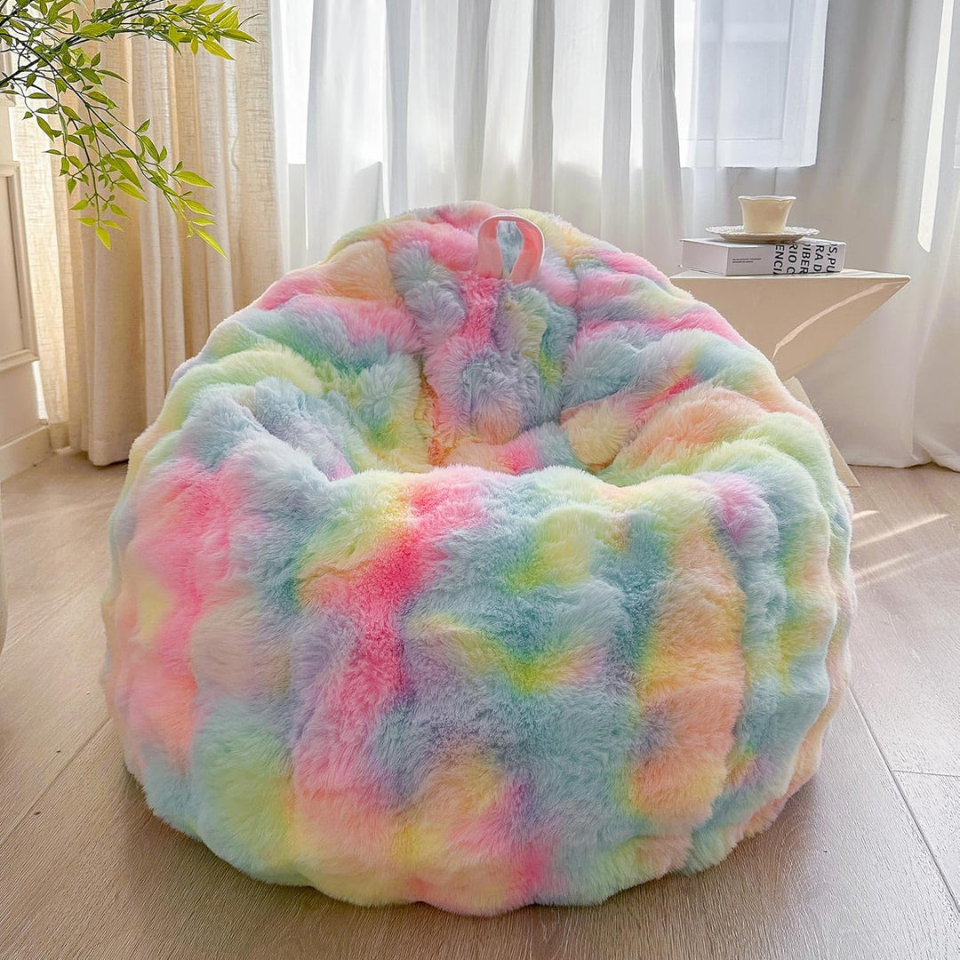 Kids Fluffy Faux Rabbit Fur Bean Bag Cover (No Filler), Soft Fuzzy Stuffed Animal Storage Bubble Waffle Bean Bag for Plush Toys, Comfy Shaggy Furry Beanbag Cover Kids Girls Adults, Rainbow - Just Closeouts Canada Inc.