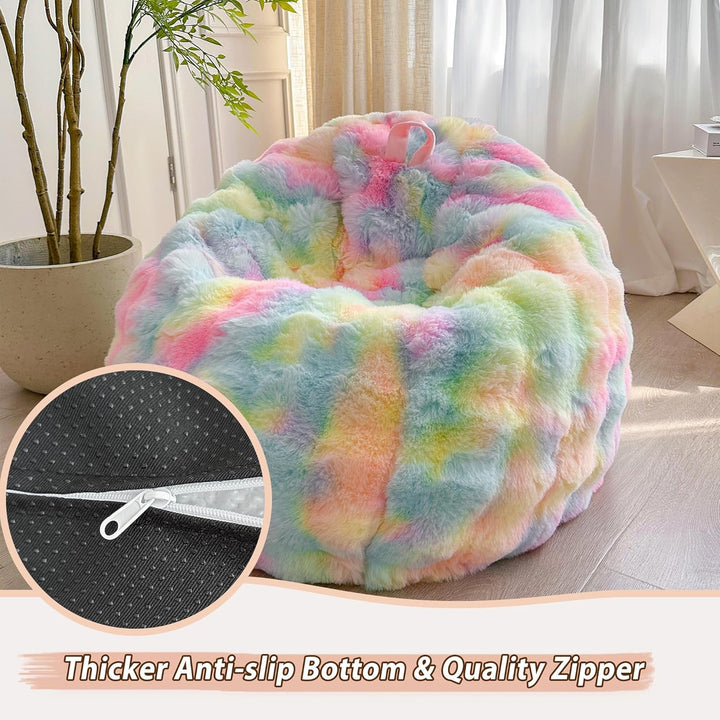 Kids Fluffy Faux Rabbit Fur Bean Bag Cover (No Filler), Soft Fuzzy Stuffed Animal Storage Bubble Waffle Bean Bag for Plush Toys, Comfy Shaggy Furry Beanbag Cover Kids Girls Adults, Rainbow - Just Closeouts Canada Inc.