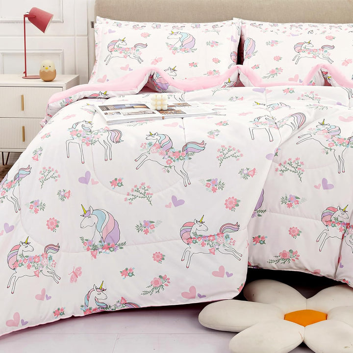 Kids Full Double Bedding Sets for Girls, Soft Full Double Comforter Set with Sheets, 7 Pieces Microfiber Bed in a Bag, White Unicorn - Just Closeouts Canada Inc.X003HW0JJL
