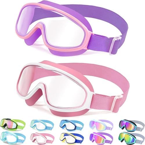 Kids Goggles with Comfort Fabric Strap, Kids Swim Goggles Wide View Anti - Fog/UV No Leaking Swimming Goggles for 3 - 14, Purple & Pink 2pk - Just Closeouts Canada Inc.