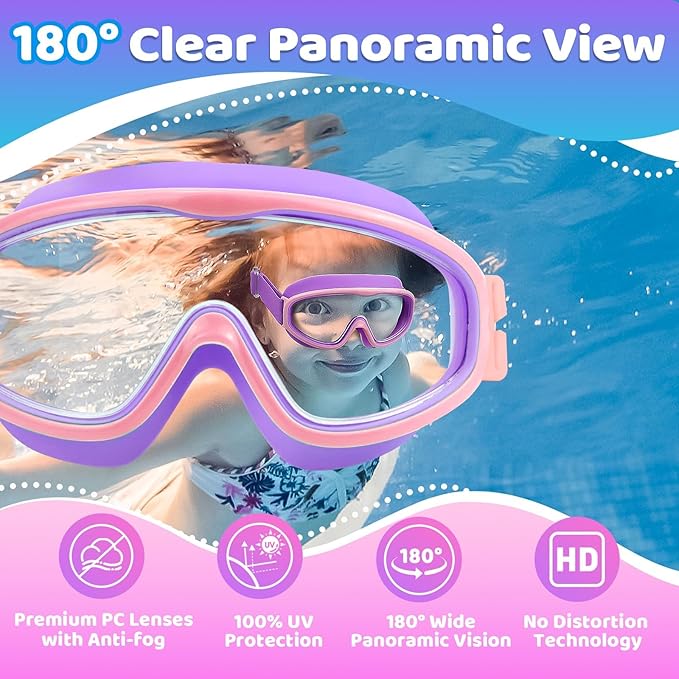 Kids Goggles with Comfort Fabric Strap, Kids Swim Goggles Wide View Anti - Fog/UV No Leaking Swimming Goggles for 3 - 14, Purple & Pink 2pk - Just Closeouts Canada Inc.