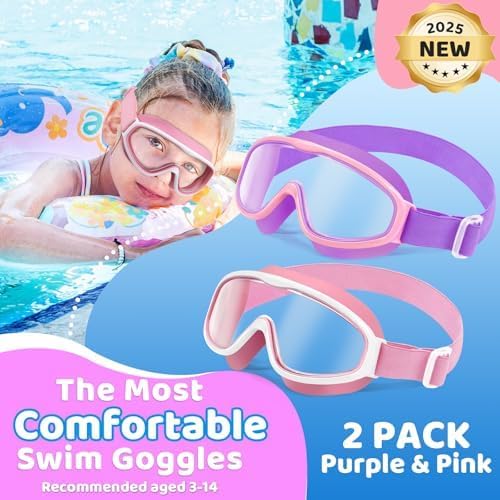 Kids Goggles with Comfort Fabric Strap, Kids Swim Goggles Wide View Anti - Fog/UV No Leaking Swimming Goggles for 3 - 14, Purple & Pink 2pk - Just Closeouts Canada Inc.