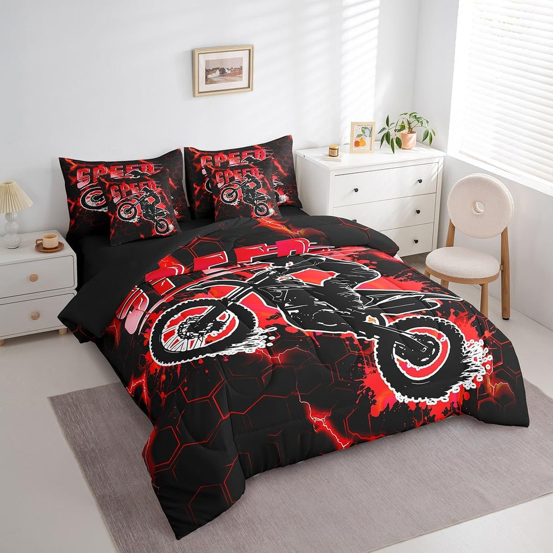 Kids Red Dirt Bike 7 Pieces Bedding Set Queen Size, Extreme Sports Comforter Set with Sheets Racing Motocross Bed in A Bag Boys Girls Motorcycle Teens Bed Set Bedroom Decor 7Pcs - Just Closeouts Canada Inc.X004YN9YL1