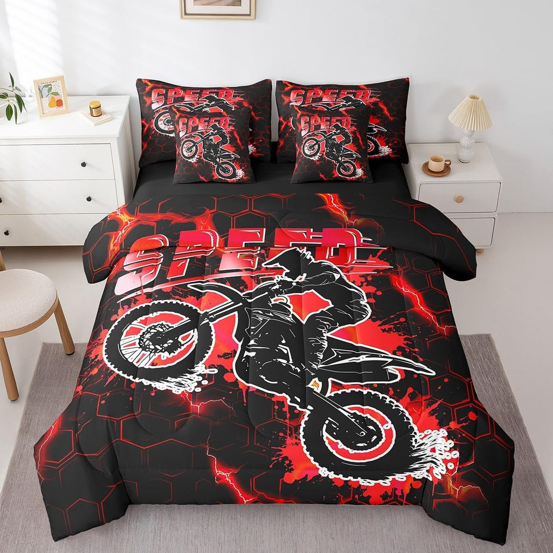 Kids Red Dirt Bike 7 Pieces Bedding Set Queen Size, Extreme Sports Comforter Set with Sheets Racing Motocross Bed in A Bag Boys Girls Motorcycle Teens Bed Set Bedroom Decor 7Pcs - Just Closeouts Canada Inc.X004YN9YL1